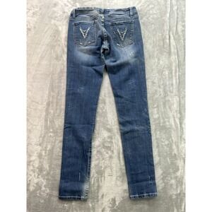Vigoss Jean Women Sz 3 Blue Skinny Stretch Embroidered Distressed Faded Low Rise